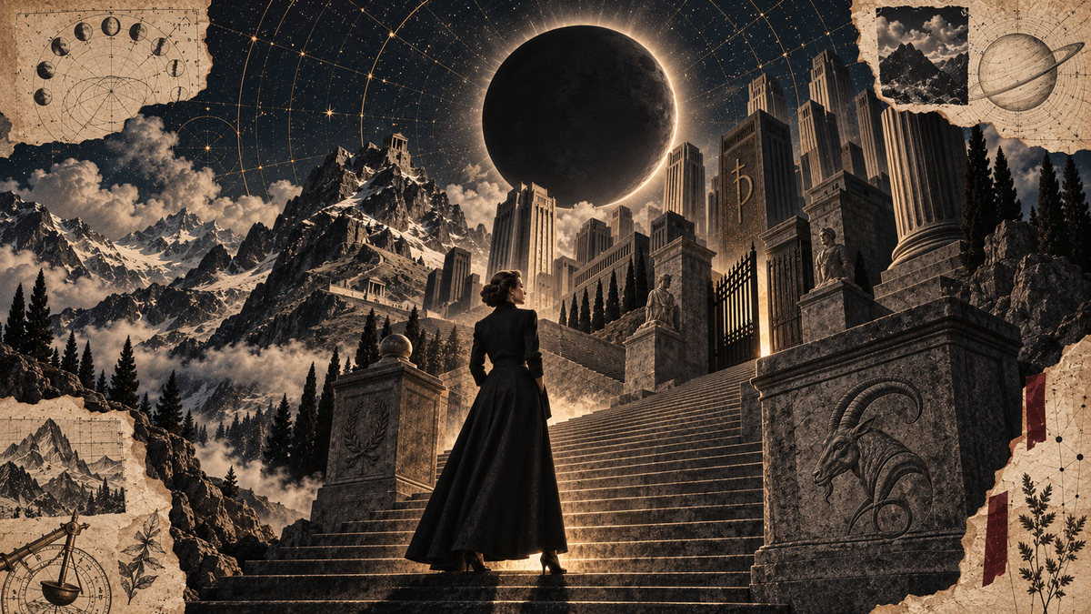 Lilith en Capricornio frente a una montaña y estructuras de poder bajo la Luna Negra.